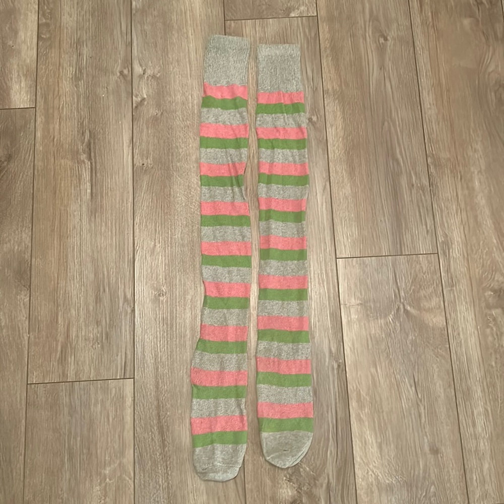 Over the Knee Pink Gray and Green Striped Socks